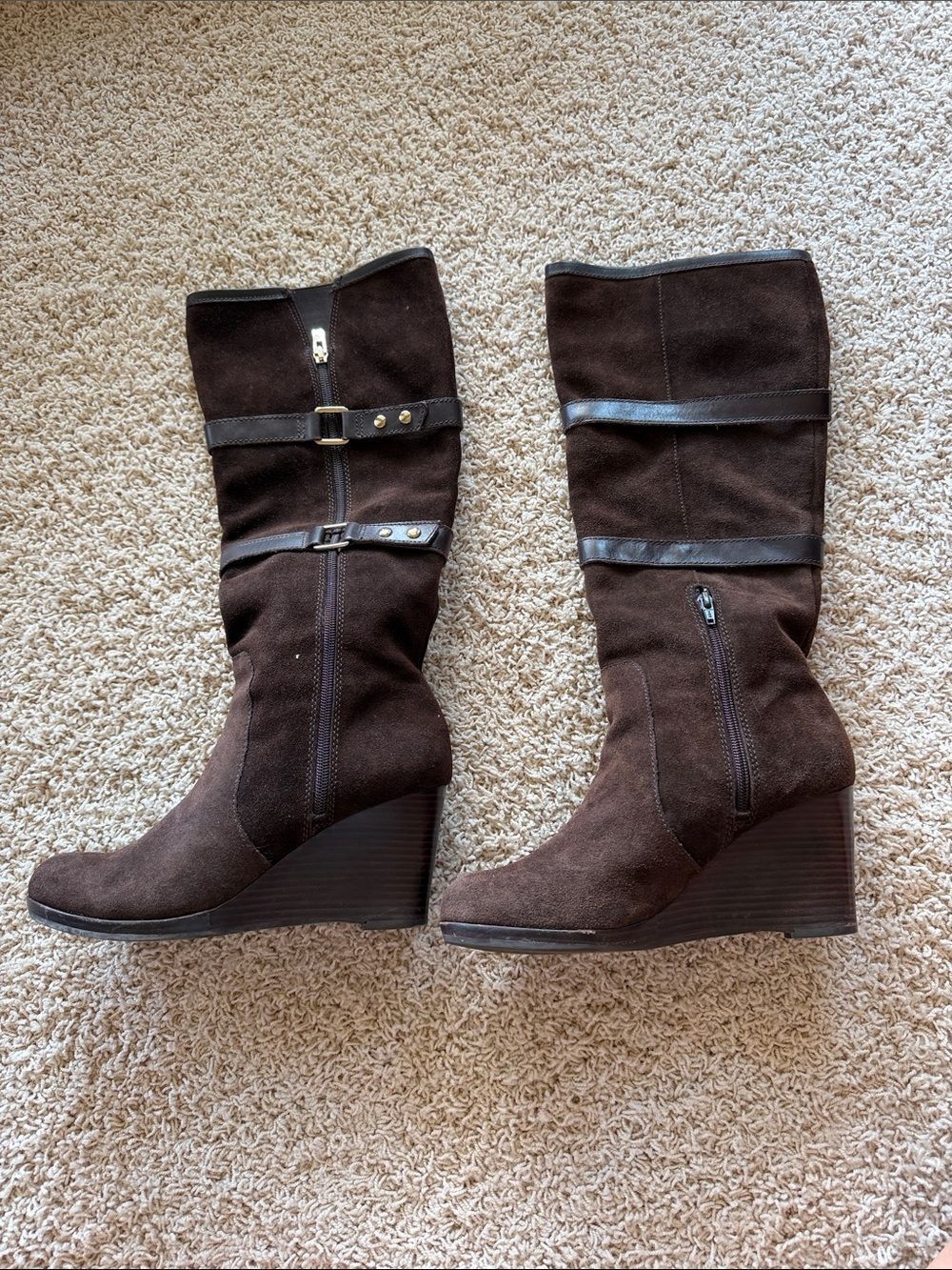 ANTONIO MELANI Brown Suede Wedge Knee Boots with Strap Accents